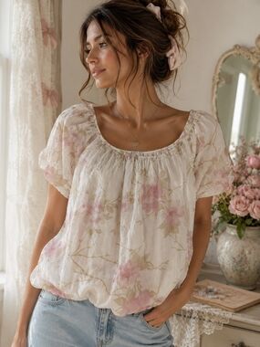 Viola Borghi Ivory Pink Floral Silk Bubble Hem Peasant Blouse M Cottage Romantic